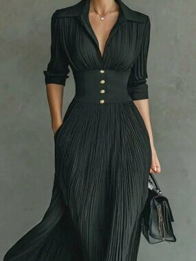 Modesees | Black Pleated Lapel Waist Maxi Dress with Pockets | Size XS